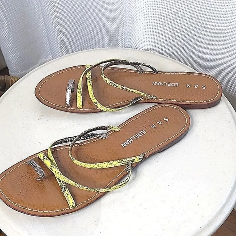 Sam Edelman Yellow Snakeskin Toe Ring Flat Sandals size 10